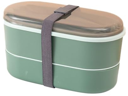 COLLBATH Caja Bento de Doble Capa para Niños, Plástico, con Cubiertos | Gran Capacidad, Apta para Microondas, Buen Sellado, Ligera, para Alimentos y Postres, Color Verde