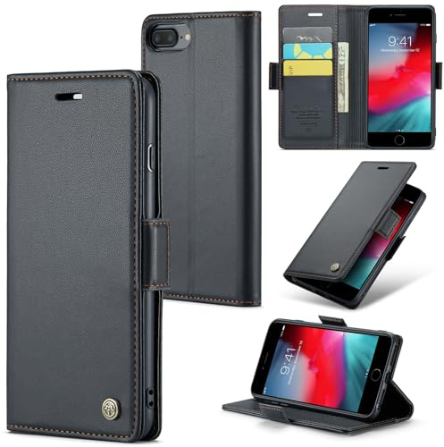 Rerzoiro Handyhülle für iPhone 7 Plus/iPhone 8 Plus Hülle, Premium PU Lederhülle Klappbar Flip Case [RFID Blocker] Tasche Magnet Kartenfach Klapphülle Schutzhülle für iPhone 7 Plus/ 8 Plus, Schwarz