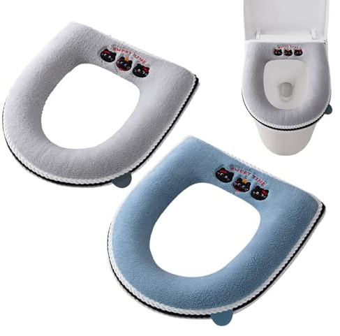 Toilet Seat Covers, 2PCS Universal Thicken Toilet Seat Cushion Cover Pads Mat with Handle and Zipper Reusable Washable Soft Warm Cover for All Oval Toilet Seats (Grey + Blue)