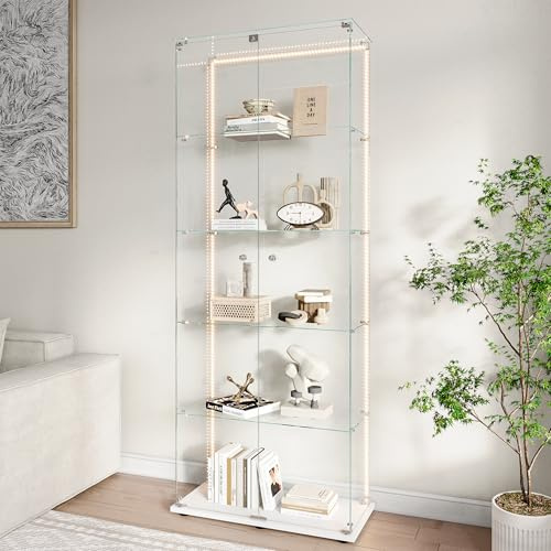 TIMORWTF Glasvitrine Stehend mit LED-Streifen, Vitrine für Sammlung, 2 Türen mit Schloss, 5 verstellbare Einlegeböden, 186 x 78 x 34 cm, Weiß