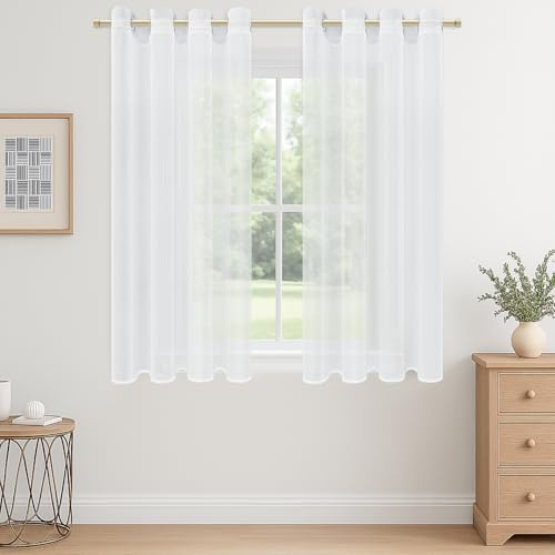 CUTEWIND Gardinen mit Ösen Kurz Fenster Gardinen Weiss Transparent Ösenvorhang Gardine Küche Vorhang Weiß Durchsichtig für Schlafzimmer Wohnzimmer 2er Set, 130 cm Lang, 140 cm Breit