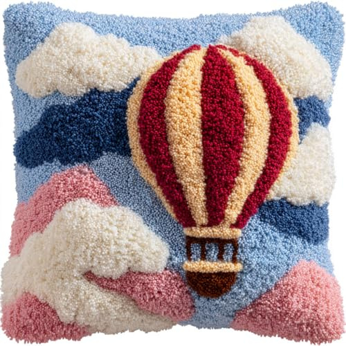 Henypt Kit De Gancho De Cierre, globo aerostático Kit De Cojines De Pestillo DIY Decorativo Almohada Bordado De Punto De Cruz Kits Cojin Gancho de Pestillo 43x43cm