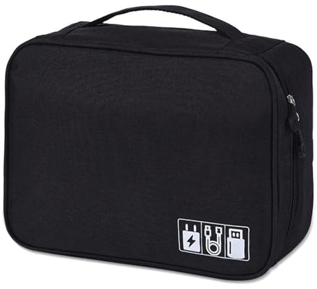 Travel Cable Organiser Bag, Electronics Tech Organizer Pouch Waterproof Padded Storage Case for Cables, Chargers, Hard Drives, Power Banks, Multi-Layer Carry Case for Travel and Office (Black)