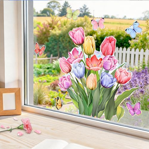 dellyy Fensterbilder Frühling Selbstklebend Tulpen, Fenstersticker Frühling, Fensterbilder Blumen, Beidseitig Bedruckt, Fensterdeko für Wohnzimmer Kinderzimmer Balkon Glastür