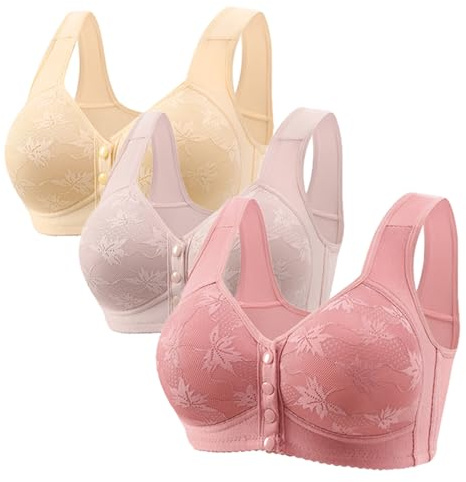 NUSGEAR 3 Pack Everyday Bras for Women UK, Front Button Fastening Bralette Push Up Seamless Minimiser Comfortable Soft Bralets Solid Color Thin Underwear