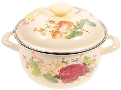 KHBUAB Pentola Smaltata Vintage 20cm con Doppio Manico e Coperchio, Pentola per Zuppa Portatile in Materiale Smaltato Resistente al Calore, Adatta a Fornelli a Induzione e Colore Casuale