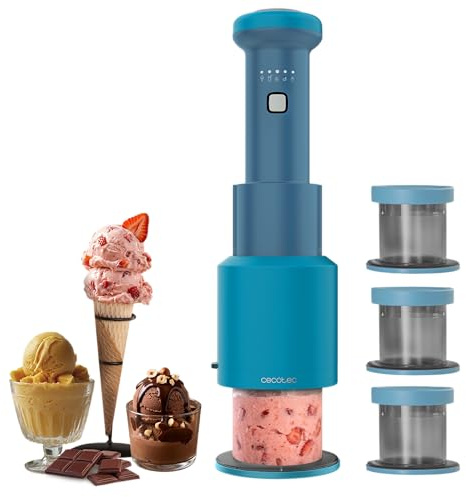 Cecotec Máquina de Helados - Heladera de Mano - Gelatec Easymove. 250W, 5 Programas, Mezcla Vertical Cremosa, Helados, Sorbetes y Bebidas en 3 Pasos, 3 Tarrinas 260ml, Cuchilla Separable