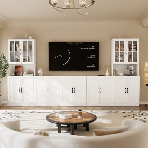 VOWNER Modularer 5PSC TV-Schrank, Fernsehschrank mit Glastüren & Bücherregalen für TV bis 75 Zoll, TV Ständer, Wohnzimmerschrank mit Kontrollfläche, 300 x 180 x 40 cm, weiß (5PCS)