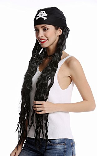 WIG ME UP - 90895-ZA103 Perücke & Totenkopf Bandana Damen Herren Karneval Pirat Piratin Seeräuber lang schwarz wild fast Dreadlocks Rasta