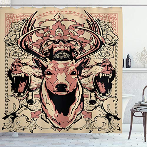 ABAKUHAUS Geweih Duschvorhang, Blumenschädel und Wölfe, Stoffliches Gewebe Badezimmerdekorationsset mit Haken, 175 x 200 cm, Schwarz Beige Rosa