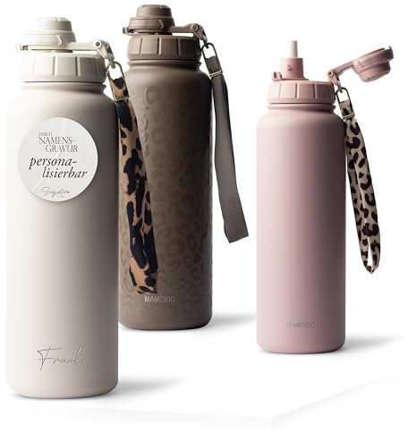 MAMEIDO Thermosflasche mit Strohhalm personalisiert 1200ml, auslaufsichere Trinkflasche Edelstahl isoliert, Namensgravur als personalisiertes Geschenk (personalisiert, 1,2l)