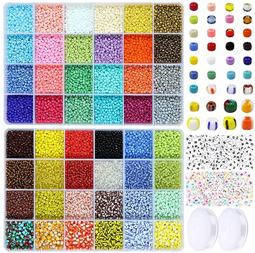 Tibaoffy Glasperlen, Größe 8/0 3mm und gestreifte Rocailles-Perlen, 3mm und 4mm, sortiertes Set mit Organizer-Box für Schmuckherstellung (48 Farben, insgesamt ca. 13920 Stück)