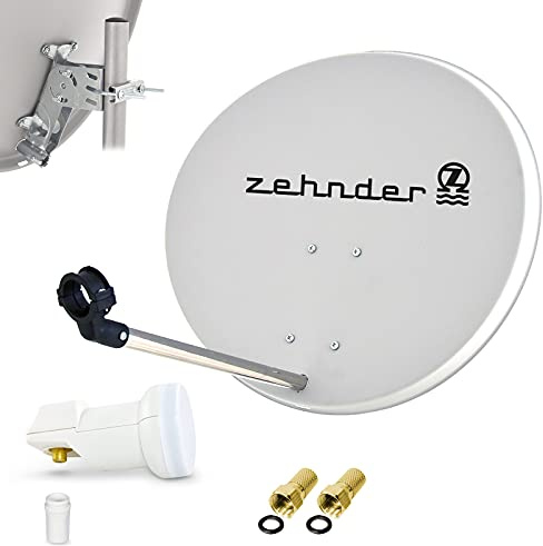 Zehnder 60cm Spiegel Schüssel Stahl + LogiSat Single LNB | 1 Teilnehmer HD Digital SAT Anlage Set hellgrau | DVB-S/S2 Full HDTV 3D 4K Ultra HD UHD Empfang
