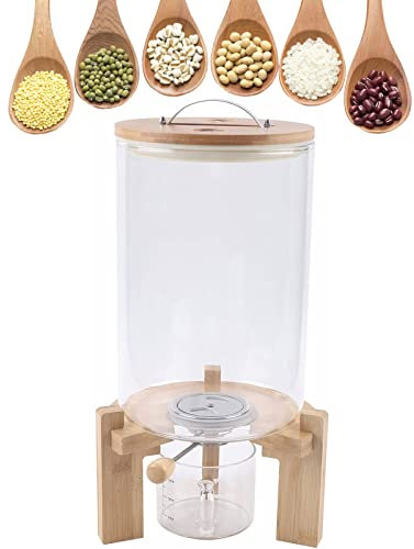 Glass Rice Dispenser with Measuring Cup, Cereal Container with Wood Airtight Sealed Lid for Rice Millet Bean Oatmeal, Food Containers Large Storage Kitchen Organization Kitchen Accessories, 5L/8L