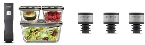 CASO Vacu OneTouch Eco-Set, Handvakuumierer & WineLock - Vakuum Aromaverschluss, 3 Stk., Weinverschluss für Vakuumierer, spümaschinengeeignet, für Flaschenhälse mit 16-19 mm Innen-Durchmesser