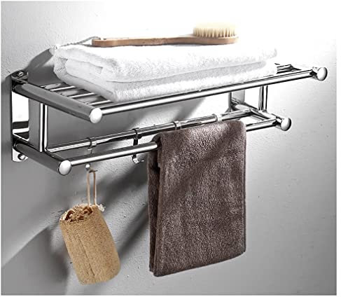 Doppel Duschregal Handtuchhalter Wandregal Mit Handtuchstange SUS304 Edelstahl Dusche Handtuchregal Bad Regal Für Handtuch Wandmontage Gebürstet (Color : Silver, Size : 50cm)