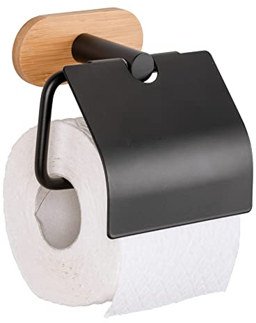 Turbo-Loc Toilettenpapierhalter Orea Bamboo mit Deckel, Rollen-Halter aus Schwarz matt lackiertem Edelstahl kombiniert mit Bambus-Befestigungselement, Befestigung ohne Bohren, 13,5 x 12 x 7 cm
