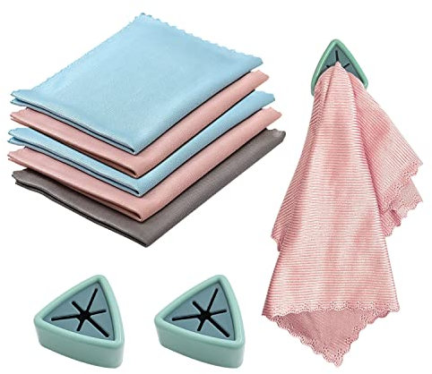 QEEQPF Confezione da 5 panni in vetro, panni per la pulizia in microfibra, accessori per la pulizia, panni per vetri senza tracce, riutilizzabili, con 2 tappi per asciugamani verdi, per auto