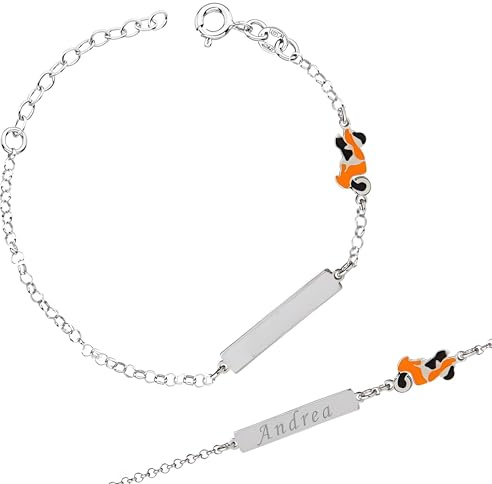 Sakrami Pulsera de Plata 925 con Placa Grabable para Niños con Moto Esmaltada + Caja de Regalo Personalizada - Pulsera para Nacimiento Comunión o Bautismo