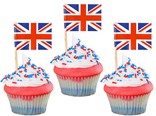 Gyufise 100Pcs Mini UK Flags Cupcake Toppers Double Sided British United Kingdom Toothpick Small Union Jack Flags Cupcake Pick Sticks for UK Party Supplies