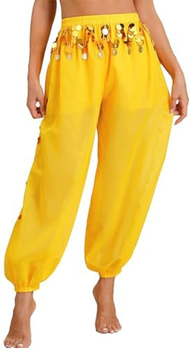 Leemiman Disfraz de Danza del Vientre para Mujer, Pantalones Harén de Baile Indio y Bollywood, Colgantes de Monedas, Lentejuelas, Gasa, Amarillo, L
