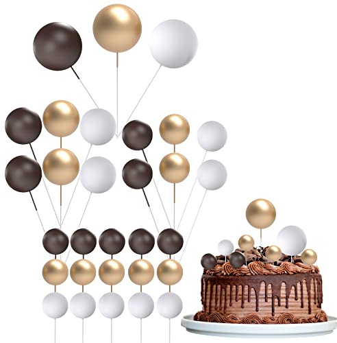 30 Pcs Mini Balloon Cake Topper, Coffee and Gold Foam Balls Cake Decorations, DIY Foam Ball Pearl Ball Cupcake Topper for Baby Shower Wedding Anniversary Birthday Party (White&Gold&Coffee)