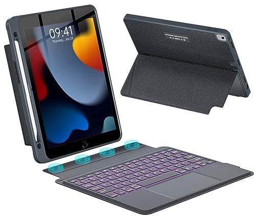 Funda con teclado para iPad de 9ª/8ª/7ª generación de 10.2 pulgadas, iPad Pro de 10.5 pulgadas Air 3 (2021/2020/2019/2017) con soporte para lápices, teclado retroiluminado desmontable con soporte,