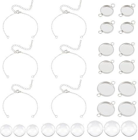 UNICRAFTALE 18 Set DIY Armbandherstellungs Kits - Edelstahl Verstellbare Armbänder Mit Flache Runde Cabochon Verbindungs Lünetten Und Glas Cabochons Für Schmuckherstellung