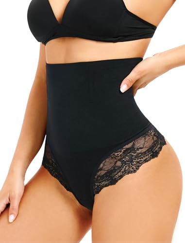 SURE YOU LIKE Shapewear Thong Women Body Shaper High Waisted Tummy Control Knickers Slimming Underwear For Women Lace Panties, Black, M