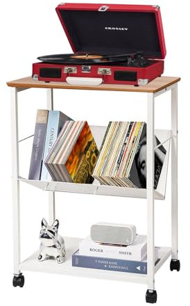 Soporte para tocadiscos con almacenamiento de vinilo, mesa auxiliar móvil de 3 niveles, mesa de tocadiscos con capacidad para hasta 160 álbumes, soporte giratorio con ruedas, mesita de noche grande,