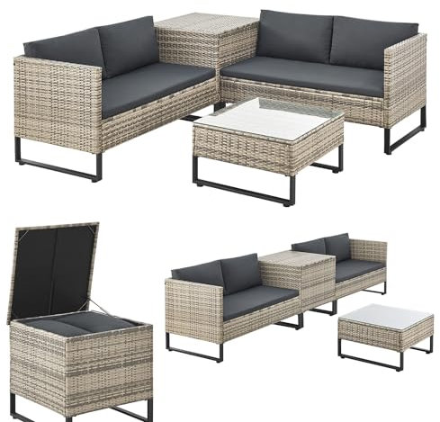 Juskys Outdoor Polyrattan Lounge Santorini - Gartenlounge mit Beistelltisch & Auflagenbox - Gartenmöbel Set Rattan Sitzecke wetterfest - Grau-meliert