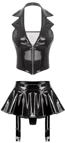 iiniim Wetlook damunderkläder set metallic crop toppar minikjol veckad kjol med strumphållare sexiga underkläder nattkläder GOGO fest klubbkläder, svart, S