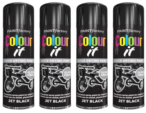 PNJB Paint Spray Can 250ml 'Black Gloss' General Purpose, Fast Dry Excellent Coverage Adhesion, Spray Paint For Metal, Plastic, Wood, Stone, Gloss Finish (Pack of 4)