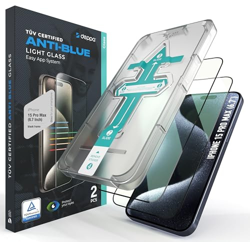 Deppa | 2 Pezzi | Pellicola protettiva anti luce blu certificata per iPhone 15 Pro Max (6.7') | Vetro temperato ultra resistente | Copertura totale, senza bolle | Installazione facile