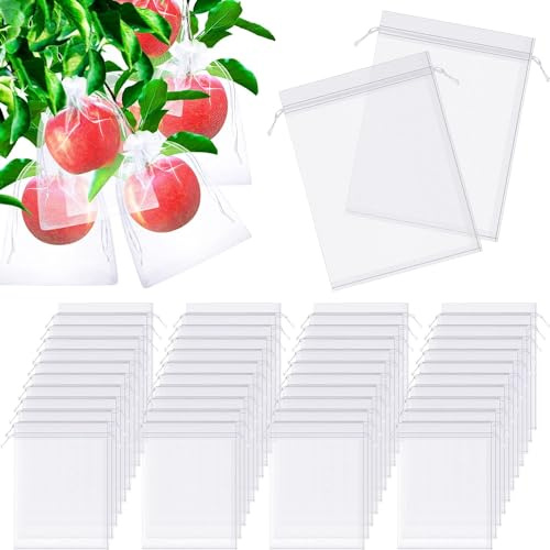 WchoeSS 50 Pcs Fruit Protection Bags, White Polyester Mesh Bags with Drawstring, 6 x 8 Inch, Breathable, Reusable, Transparent, Ideal for Gardening and Plant Protection