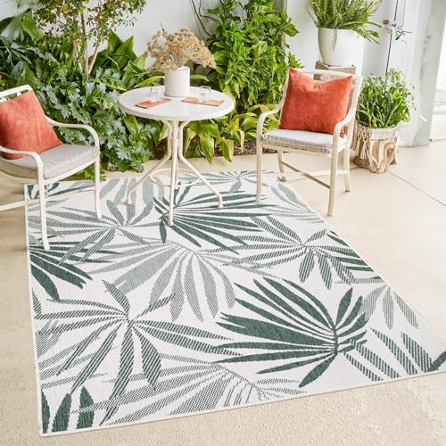 payé In- & Outdoor-Teppich - Grün Creme - 120x170cm - Wendeteppich - Florales Muster - Wetterbeständig für Balkon Terrasse - Indoor Teppiche Wohnzimmer Küche