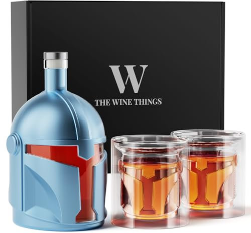 Galaxy Whiskey Decanter Set for Men, 34 Oz Decanter with Two Glasses, Handmade Glass Decanter Set with Unique Helmet Design, Gift for Men, Dad, Cool Drinking Accessories for Home Bar (B-Blue)