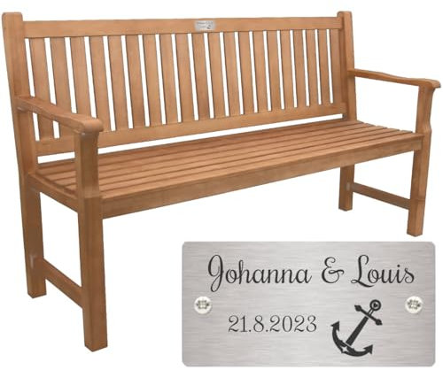 Sterngraf Hochzeitsbank mit Gravur-Schild zB. Anker (Namen/Datum), Gartenbank 150cm Holz Armlehnen-Bank, Edelstahlschild personalisiert Geschenk-Idee zur Hochzeit/Vemählung