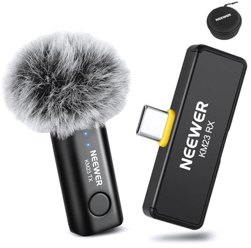 NEEWER Kabelloses Lavalier Mikrofon Set für USB C, Mini Ansteckmikrofon mit Geräuschunterdrückung und einem klick, Omnidirektionale Kondensatormikrofon kompatibel mit iPhone 15 Samsung Android, KM23