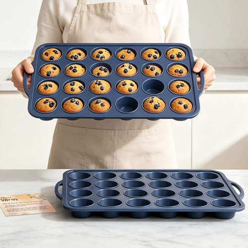 Vnray 2 Pack Mini Silicone Muffin Pan with Metal Frame, Non Stick Silicone Cupcake Pan with Handles 24 Cup, BPA Free Silicon Muffin Tin Tray Small for Baking, Egg Bites, Cupcake Mold Grey