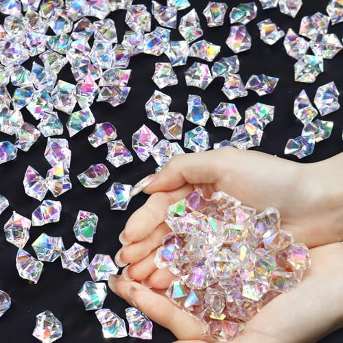 Ceya Clear Holographic Fake Ice Rocks，220PCS Dazzling Vase Fillers Acrylic Fake Diamond Crystals Water Beads Marbles 13OZ Glass Gems for Centerpieces Table Decoration Party Christmas Wedding Birthday