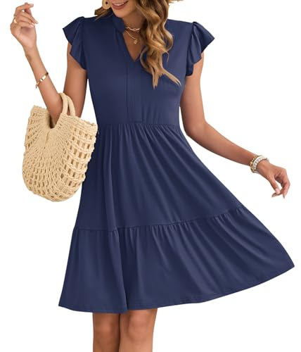 AUSELILY Vestido Mujer Verano Cuello en V Mangas con Volantes Minivestido Cintura Elástica Vestidos Informal con Bolsillos Azul Marino L