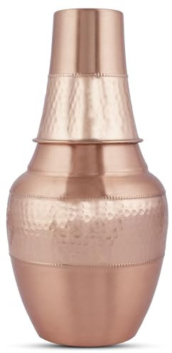 HEALTHANDWEALTH Bouteille d'eau en cuivre pur avec gobelet – Capacité de 1,4 l | Carafe en cuivre inspirée de l'Ayurveda pour des bienfaits pour la santé