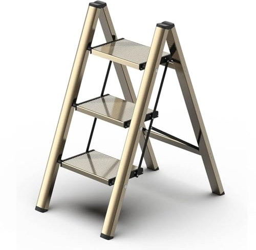 GameGem 3 Step Ladder, Folding Step Stool with Anti-Slip Wide Pedal, Aluminum Material Lightweight yet Sturdy, 150KG Load, Cute Modern Apperance for Indoor Household Spaces, Champagne Gold