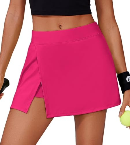 PINSPARK Tenniskjol dam med byxor sportkjol golfkjol hög midja tennis kort med 2 fickor och sidoslits sommarkjol minikjol löpkjolar byxkjol vandring löpning, ROSA, XXL