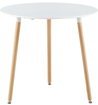H.J WeDoo Mesa de Comedor Redonda, Mesa de Cocina de Madera, 80 x 80 x 74 cm, Patas de Haya Natural, Mesa escandinava Blanca, 3 Patas