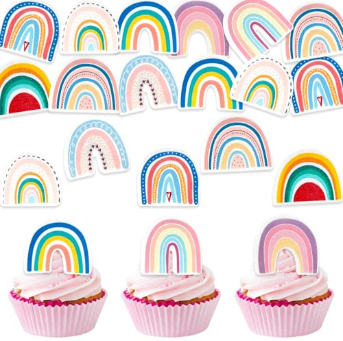 DazzJoy 40 Stück Essbare Tortendeko Regenbogen, Esspapier Regenbogen Kindergeburtstag, Rainbow Kuchen Deko Essbar Taufe, Cupcake Topper Essbar Regenbogendeko, Essbare Torten Deko Taufe Mädchen