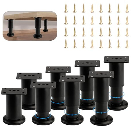8 Pcs Adjustable Furniture Legs for Furniture Feet, Height Adjustable Feet | Black Stainless Steel Support Cabinet Legs for Sofa Coffee Table Chair Desk Kitchen Cupboard Legs Feet (8-12CM)