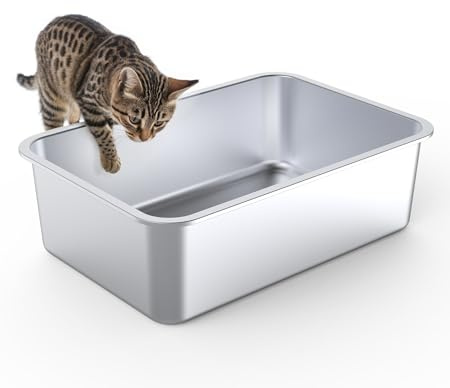 Kattlåda i rostfritt stål, luktfri, fläckfri kattlåda för små och stora katter, kattsäker, lätt att rengöra, metall, katter, låda, litter, låda med halkskyddsdynor, 50 x 35 x 15 cm