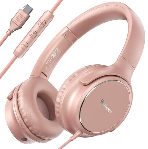 Wuopzf USB C Wired Over-Ear Headphones with Microphone, Volume Control, Share Port, and Adjustable Headband Foldable Stereo Headset for iPhone 16, Samsung, Laptop, Gaming, Travel